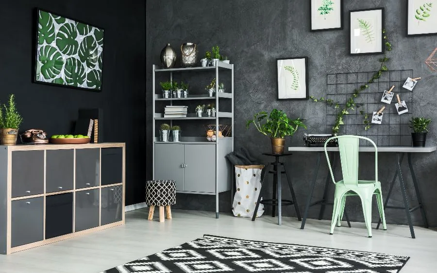 Office workspace with a charcoal textured painted accent wall and mint green chair, Palm Beach Gardens, FL