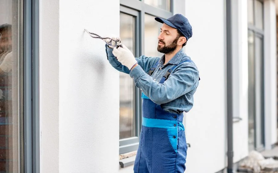 Painter in blue overalls prepping a white textured stucco exterior wall before repainting, Boynton Beach, FL