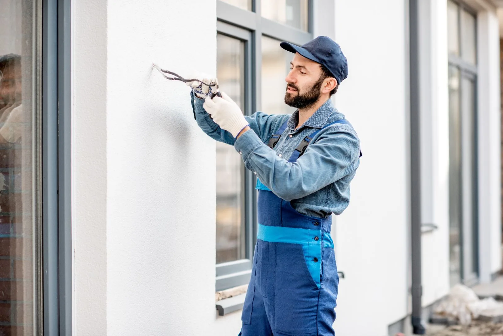 Painter in blue overalls prepping a white textured stucco exterior wall before repainting, Boynton Beach, FL