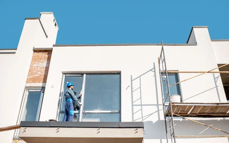 Exterior prep on a white stucco home with scaffolding and a worker at the window, Fort Lauderdale, FL
