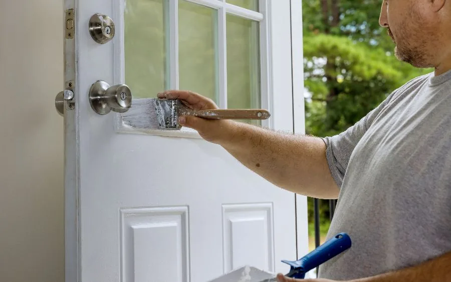 Painter brushing fresh white paint onto a front door panel beside brushed nickel hardware, West Palm Beach, FL