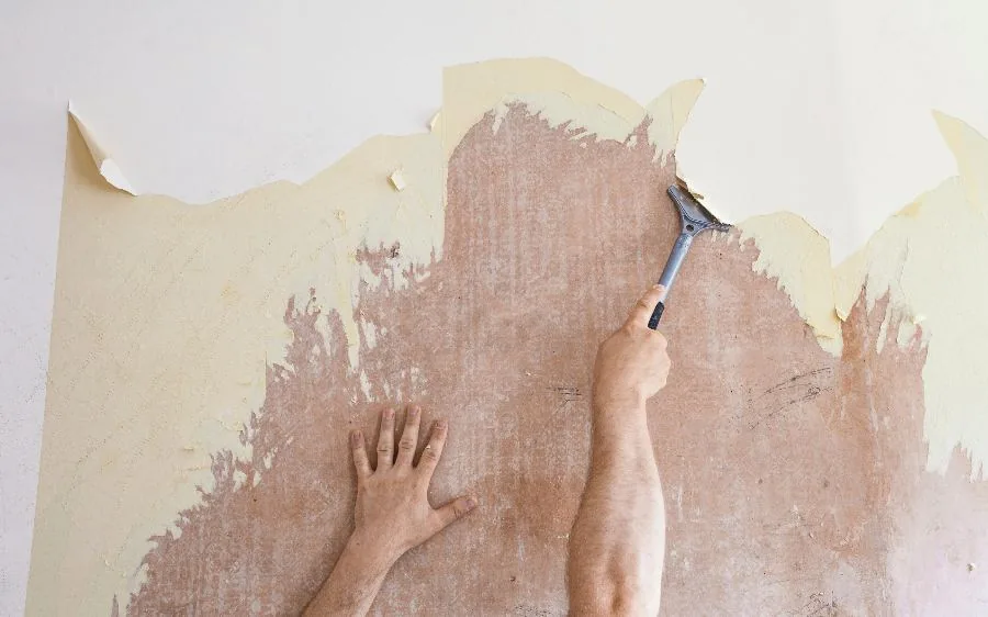 Scraping old yellowed wallpaper off a wall with a long-handled scraper, bare wall showing underneath, West Palm Beach, FL