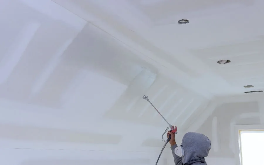 Painter spraying primer onto a new drywall ceiling with recessed light cutouts, Boynton Beach, FL