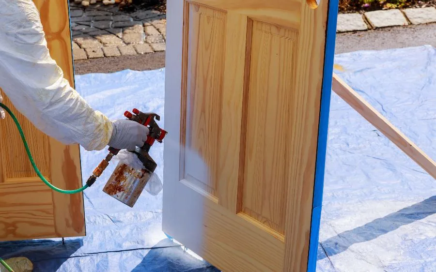 Painter spraying white primer onto a raw wood panel door outdoors on a drop cloth, Palm Beach Gardens, FL