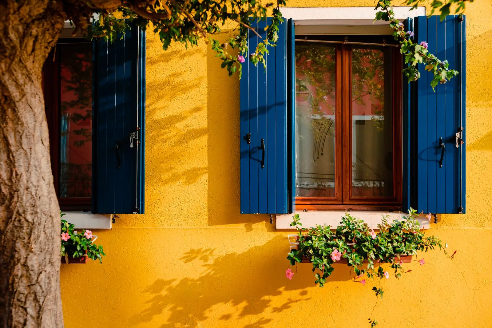 Yellow textured stucco exterior with freshly painted navy blue shutters and white window sills, Delray Beach, FL